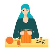 Young woman with knitting hobby vector flat illustration