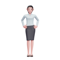 femme d'affaires heureuse avec la main sur la taille porter des jupes et des chemises longues, illustration de personnage de femme d'affaires de rendu 3d png