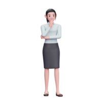 mujer de negocios que piensa con el puño en la barbilla usa faldas y camisas largas, ilustración de personaje de mujer de negocios png