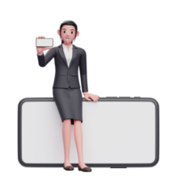 Business woman in formal suit girl sitting on a big phone while showing the landscape phone screen, 3d render character illustration png