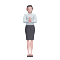 jovem com gesto de namaste usa camisa azul e saia preta, ilustração de personagem de mulher de negócios de renderização 3d