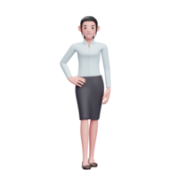 3d cute business woman standing with hand on waist and legs crossed wear skirts and long shirts png