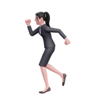 mujer con vestido formal corriendo a toda prisa, ilustración de personaje de mujer de negocios 3d png
