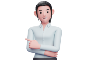 3D-Geschäftsfrau, die mit dem Zeigefinger nach links zeigt und eine Hand auf der Brust gekreuzt hält, 3D-Darstellung der Geschäftsfrau-Charakterillustration