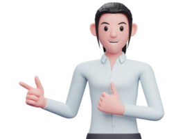 mulher de negócios na camisa azul apontando e polegares para cima, close-up renderização 3d ilustração de personagem de mulher de negócios