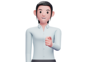 Femme d'affaires 3d en chemise bleue pointant vers la caméra, illustration de personnage de femme d'affaires de rendu 3d