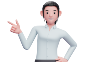 Mulher de negócios 3d apontando para o lado com o dedo da arma e uma mão na cintura, ilustração de personagem de mulher de negócios renderização 3d png
