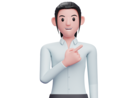 Portrait Business woman standing straight pointing to the top right, 3D render pointing business woman character illustration png