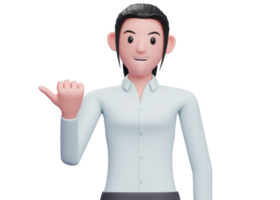 3d Business woman pointing with thumb aside looking at the camera, 3D render business woman character illustration png