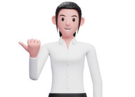 Mulher de negócios 3d na camisa branca apontando com o polegar de lado olhando para a câmera, ilustração de personagem de mulher de negócios renderização 3d