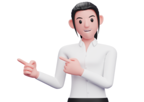 junge geschäftsfrau, die mit beiden fingern auf die seite zeigt, smart business woman character illustration 3d-rendering png