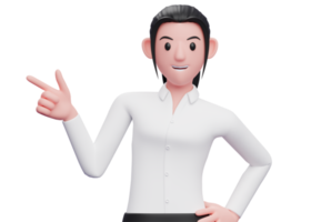 Mulher de negócios 3d apontando o dedo da arma para a esquerda e uma mão na cintura, ilustração de personagem de mulher de negócios de renderização 3d png