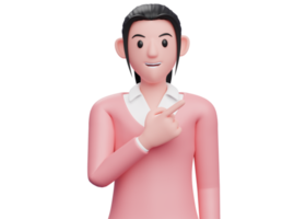 Portrait of sweet girl in pink sweater standing and pointing to the top right, 3D render girl pointing illustration png