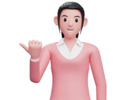 Sweet girl in sweatshirt pointing with thumb aside looking at the camera, 3D render business woman character illustration png