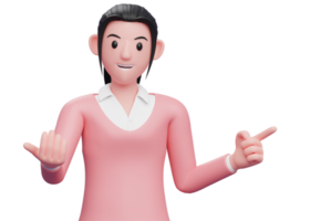 3d dolce ragazza in maglione rosa vieni qui gesto e indicando il lato, rendering 3d dolce ragazza unisciti a noi illustrazione png