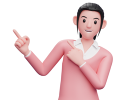 sweet girl in pink sweater Pointing to the top side with both hands, 3D render sweet girl pointing character illustration png