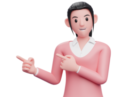 doce menina de suéter rosa, apontando para o lado com os dois dedos, ilustração de personagem de mulher de negócios inteligente renderização em 3d