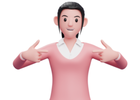 doce menina apontando para si mesmo, renderização 3d linda mulher vestindo ilustração de personagem de suéter rosa png