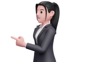 garota virada de lado e apontando, mulher de negócios em ilustração de terno formal preto renderização em 3d png