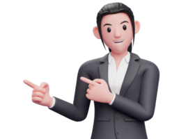 mujer en traje formal apuntando hacia un lado con ambos dedos, mujer de negocios inteligente apuntando ilustración 3d renderizado png