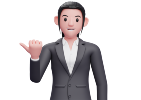 business girl in formal suit pointing with thumb aside looking at the camera, 3D render business woman pointing illustration png