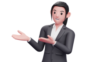 business woman in formal suit open both hands to the side, business woman in formal suit pointing illustration png