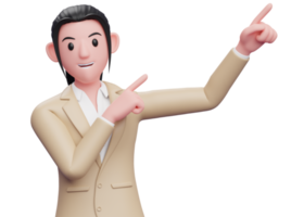 business woman in brown suit raising both hands pointing to the top right corner, 3d illustration of a business woman in a brown suit pointing png