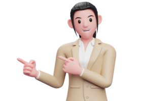 woman in brown suit pointing side with both index fingers, smart business woman pointing illustration 3D rendering png