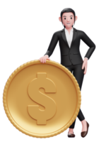 femme d'affaires en costume noir debout avec les jambes croisées et tenant une pièce de monnaie, illustration 3d d'une femme d'affaires en costume noir tenant une pièce d'un dollar