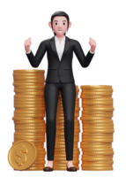 mulher de negócios feliz em terno preto formal recebendo muitas pilhas de moedas de ouro, ilustração 3d de uma mulher de negócios em um terno preto segurando uma moeda de dólar png