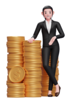 business woman in a black suit standing with crossed legs and leaning on pile of coins, 3d illustration of a business woman in a black suit holding dollar coin png