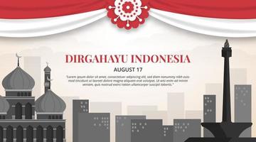 Dirgahayu Indonesia or Indonesia independence day background with flag decoration and illustration of landmark vector