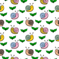 impression pour enfants, mignons petits escargots colorés rampant parmi les plantes, motif carré harmonieux png