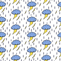 Decorative print, Blue storm clouds with lightning and raindrops, seamless square pattern png