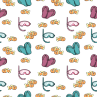 Beach print, multicolored scuba masks and beach slippers, seamless square pattern png