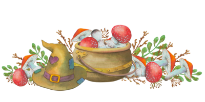 illustration aquarelle, chapeau de sorcière et pot de champignons vénéneux sur fond transparent