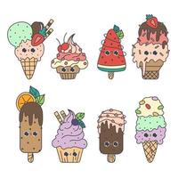 lindo conjunto vectorial de helados de garabatos kawaii. dulces personajes niños ilustración en estilo de dibujos animados. aislado en blanco vector