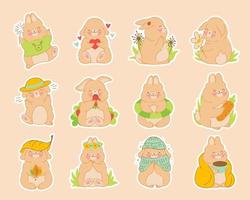 Genial y lindo conjunto de pegatinas de conejos de animales bebés en estilo kawaii de dibujos animados. paquete de conejito de personajes vectoriales para niños. aislado en blanco vector