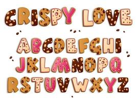 Random cookies alphabet. Set of lettering cookies style design. Dark and white chololate chips and drops, nuts, sugar glase, pearls decorations sweets. Vector set. Sweet food.