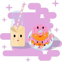 linda ilustración de los personajes de un donut y una botella con un batido. ilustración de dibujos animados plana. vector