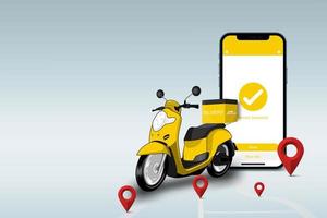 concepto de fondo del servicio de entrega en línea, concepto de comercio electrónico, teléfono inteligente scooter y pin de mapa, ilustración vectorial vector