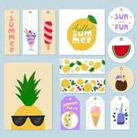 Set of summer gift tags, labels and greeting cards with cute cartoon objects and lettering. Doodle flat style vector