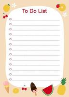 Template for To Do List with cute summer objects. Colorful ice cream, fruit and berries vector