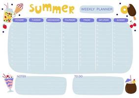 Weekly planner with cute summer objects. Doodle flat style. Good for notebook, agenda, diary, organiser, schedule vector