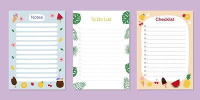 Templates for notes, to do list and checklist with cute summer objects. Colorful ice cream, fruit, berries and tropical leaves. vector