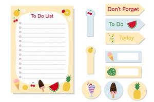 Collection of stickers and To Do List with cute summer objects. Colorful ice cream, fruit and berries. Elements for agenda, check lists, planner, organizer and other stationery vector