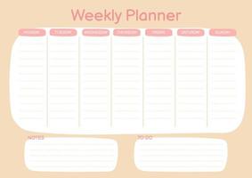 planificador semanal en colores rosas. garabatear estilo plano. bueno para cuaderno, agenda, diario, organizador, horario vector