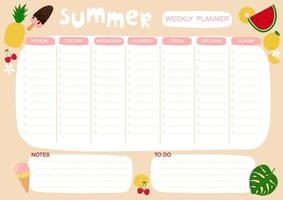 Weekly planner with cute summer objects. Doodle flat style. Good for notebook, agenda, diary, organiser, schedule. Vector illustration