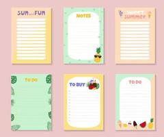 Templates for notes, to do and buy list with cute summer objects and lettering. Colorful ice cream, fruit, berries and tropical leaves. vector