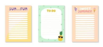 Templates for notes, to do list with cute summer objects and lettering. Colorful ice cream, milkshake and pineapple vector